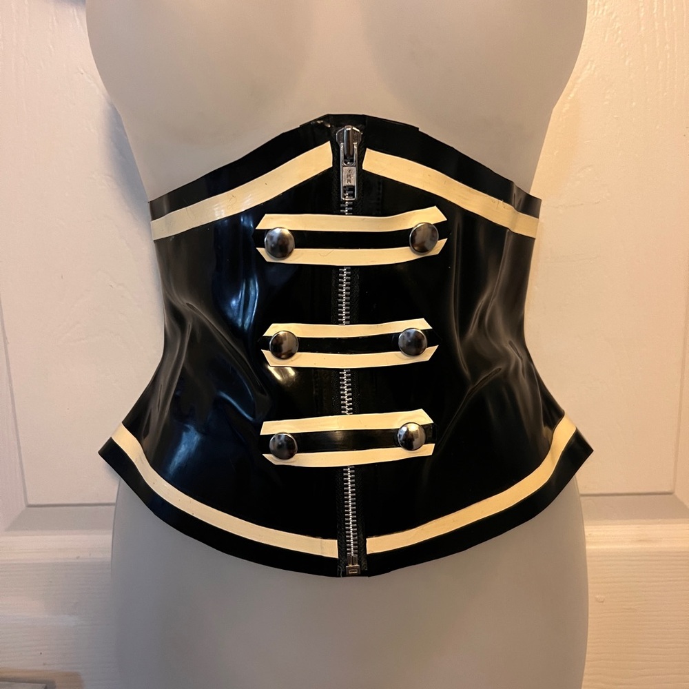 Black and Cream Latex Cincher with Silver Accents by Seal Wear